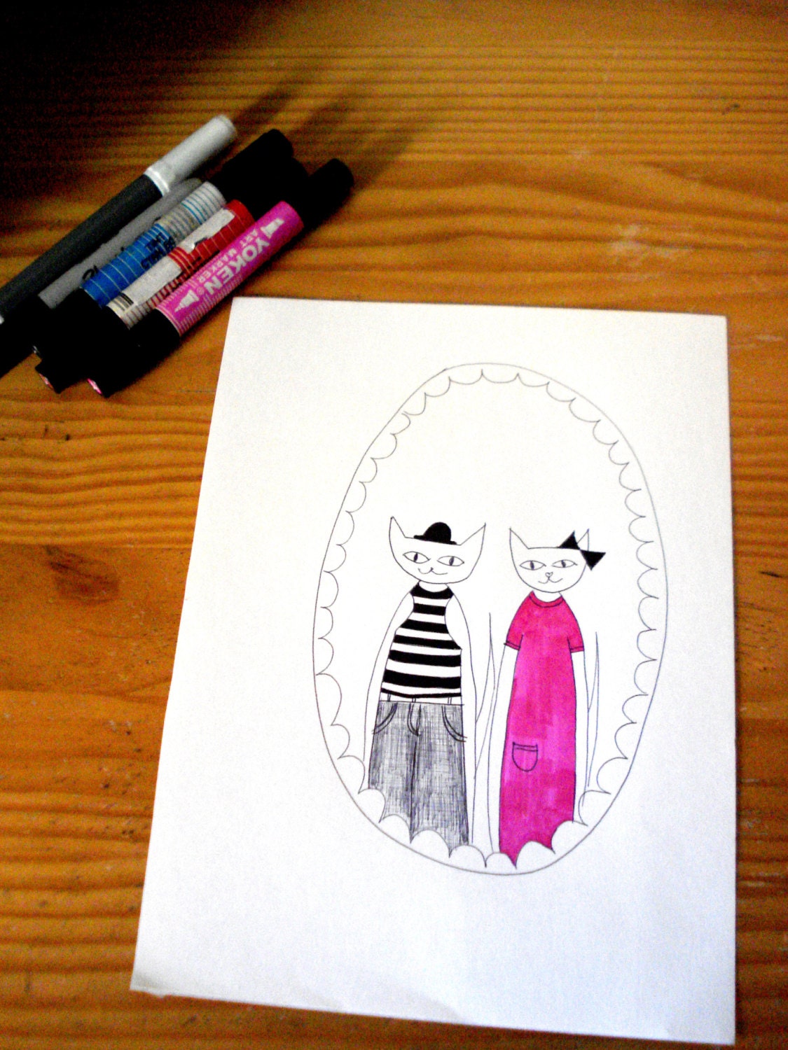 Kittens Couple -Original Aceo - Free Shipping ,  Illustration, drawing, kitten, cat, Pen, Ink