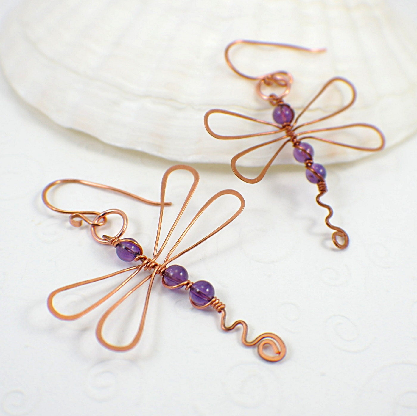 Dragonfly earrings amethyst purple copper wire wrapped large dangle
