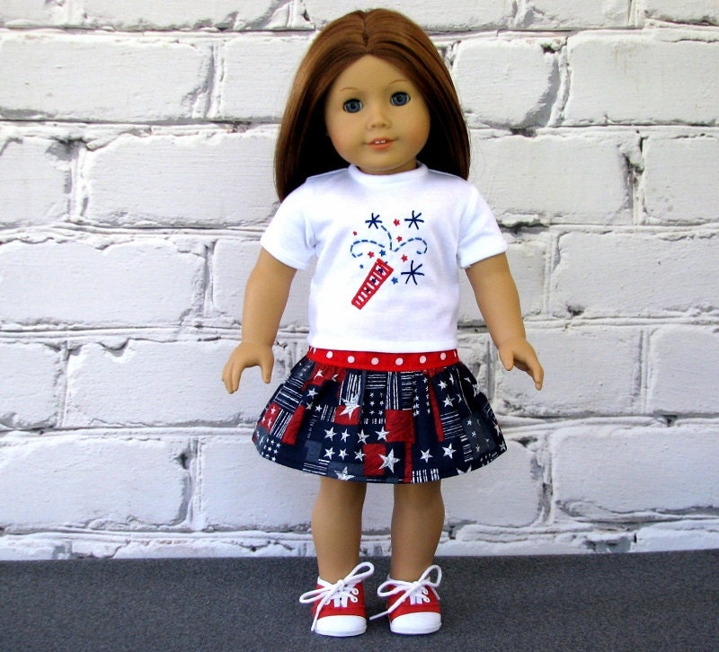 4th of July Fireworks Tee Shirt Twirl Skirt - American Girl Doll Clothes
