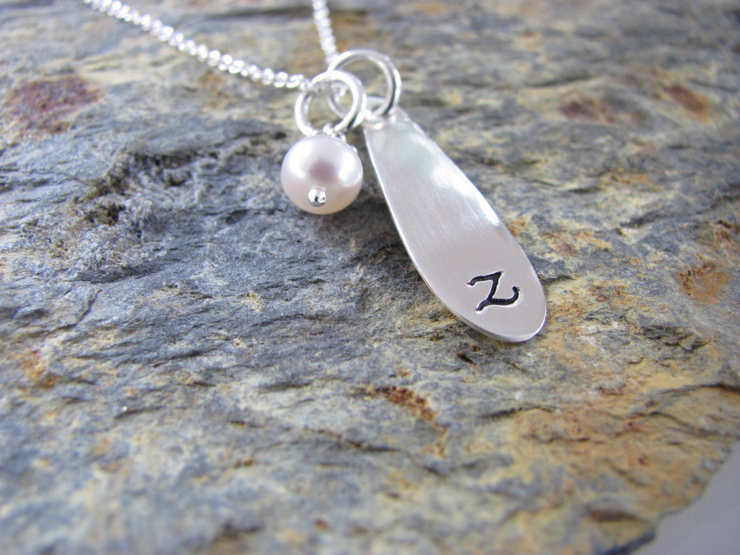 Initial Necklace Hand Stamped - Sterling Silver & Freshwater Pearl -Tear DROP Letters Necklace - Letter (Z) - Ready to Ship