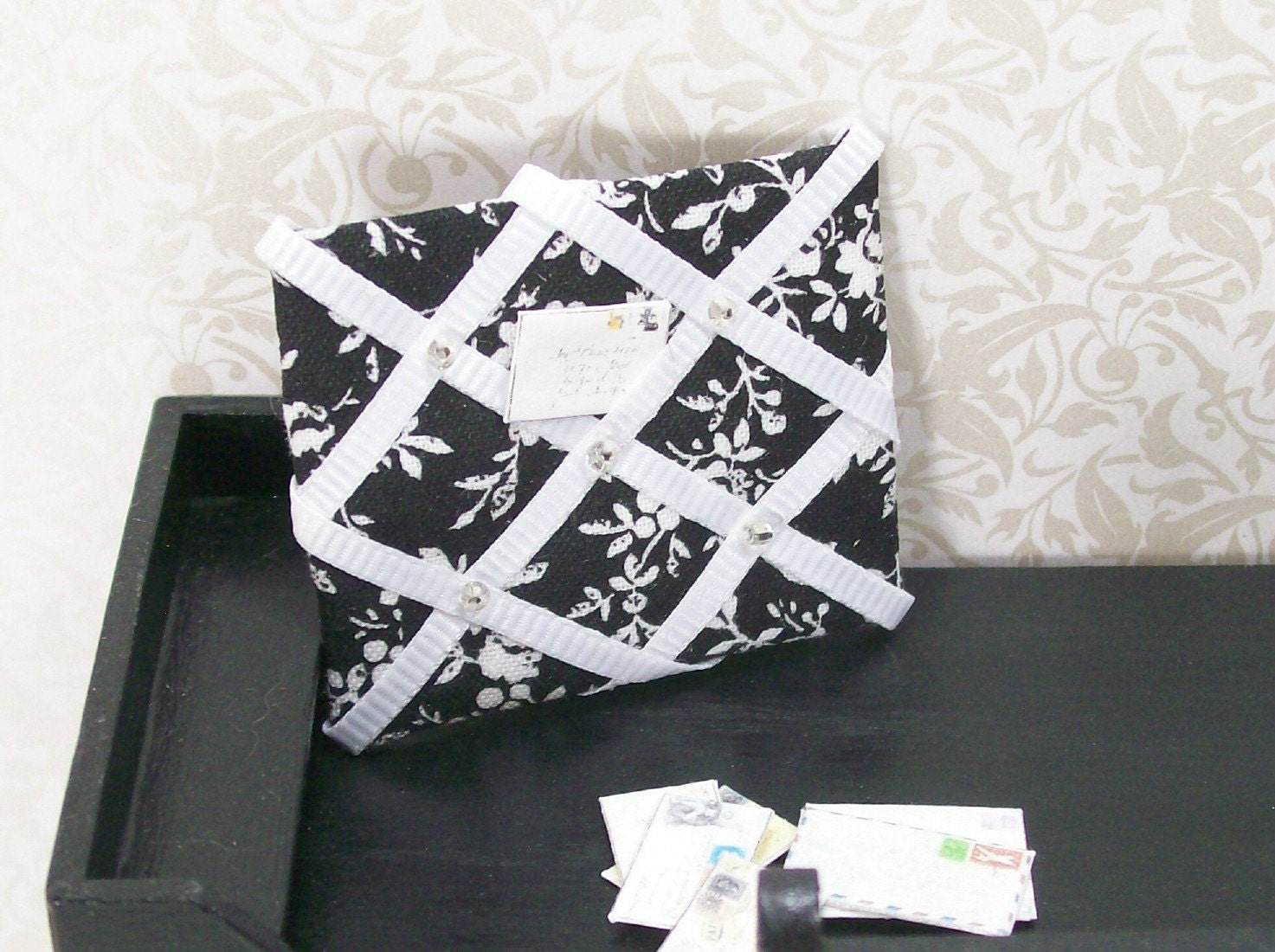 Dollhouse Miniature French Memo Message Board Country Shabby Chic One Inch Scale Black White Floral Flowers