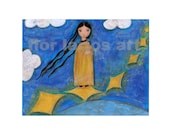 Walking on the Stars - Angel -  Original Mixed Media Painting on Paper Folk art by FLOR LARIOS ( 8 x 10 Inches))