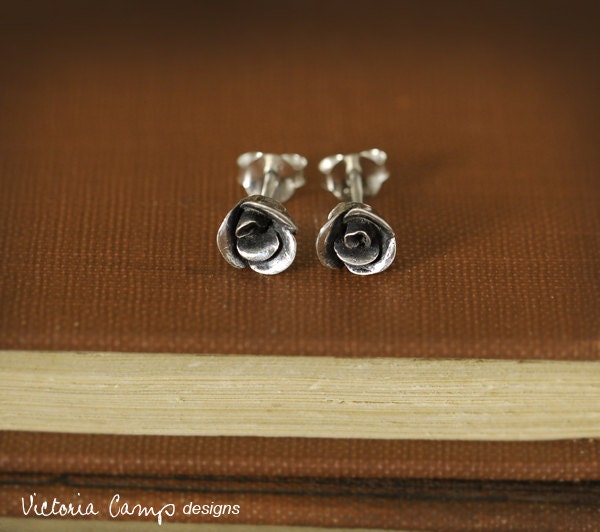 Tiny Fine Silver Rose Earrings on Sterling Silver Posts - Hand Formed, Artisan, Flower, Bridal Wedding Gift, Gift for Her