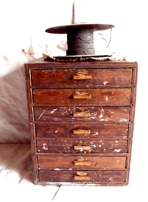 Antique Primitive Machinist Wood Cabinet Featuring 7 Drawers for Storage