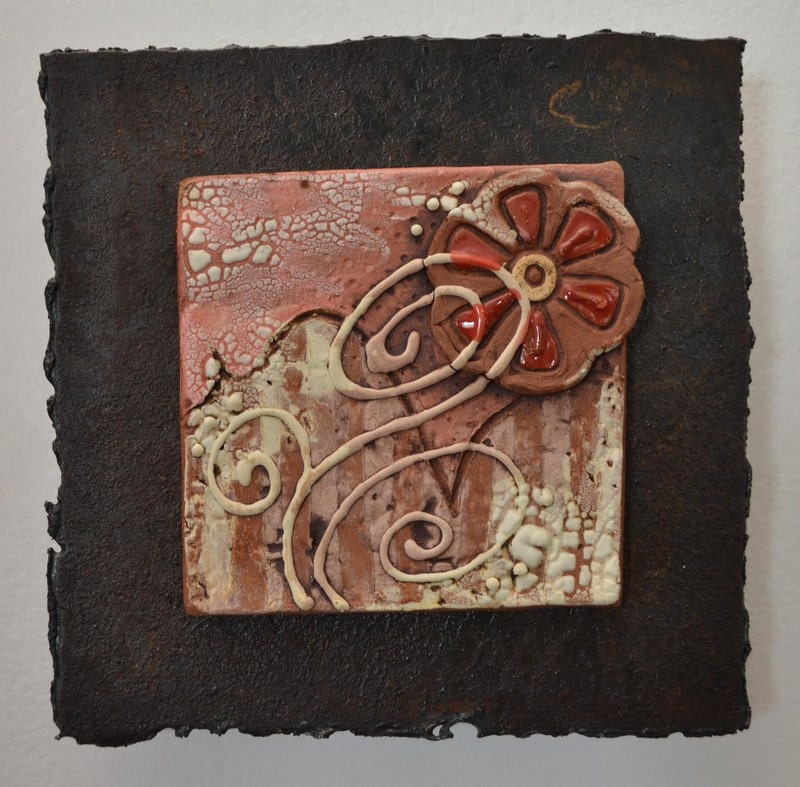 Ceramic Tile Wall Plaque (pink, red, white, beige, floral, abstract) - Meagan Chaney Gumpert (03-04)
