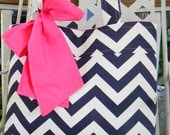 Navy Blue Chevron Diaper  Bag, Tote Bag, Every Day Bag with a  Big Hot Pink Bow