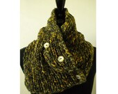 Cowl Scarf with Buttons - Olive Gold Hand knit - Wool Cables Soft Warm Neckwear