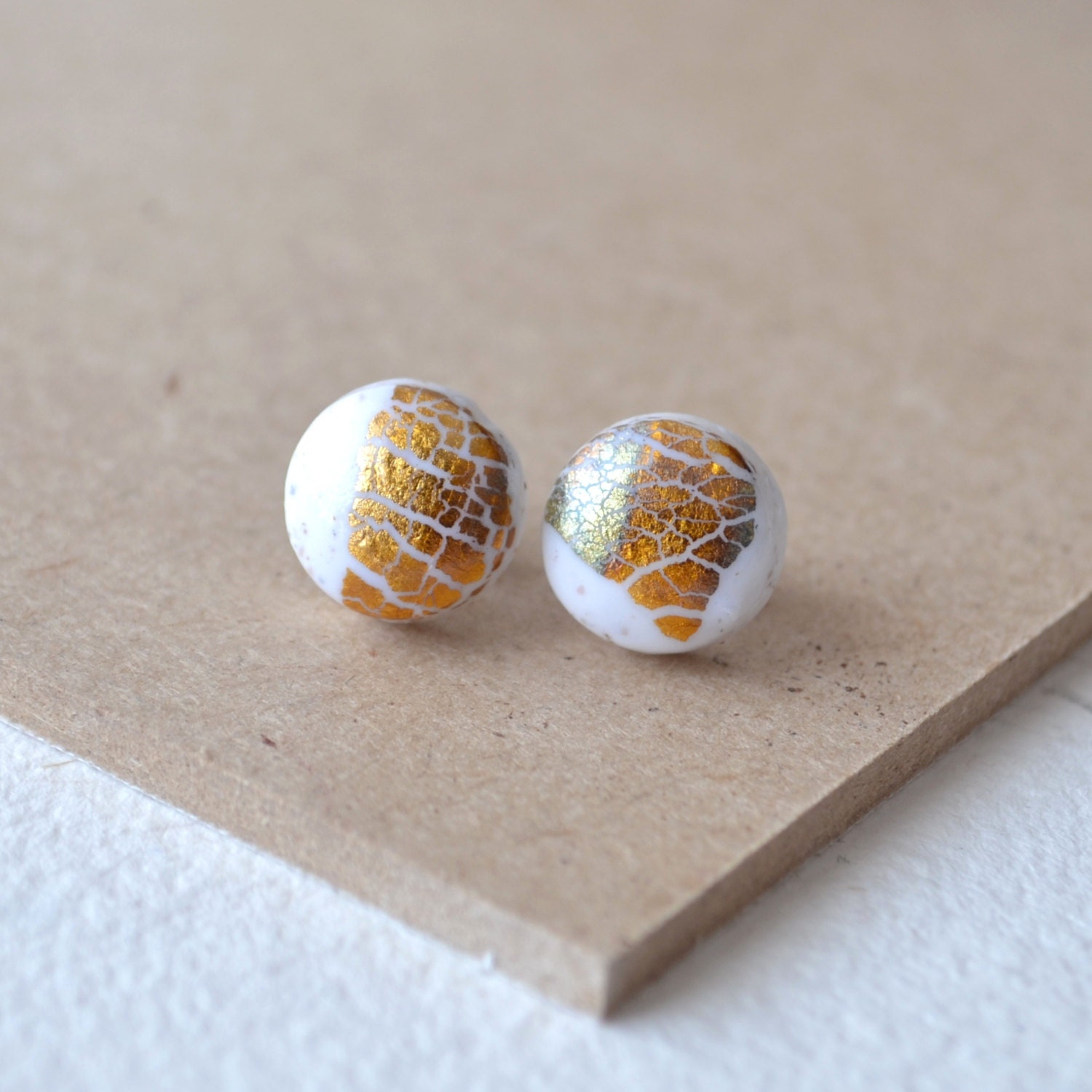 Gold and white earrings, modern posts earrings geometric