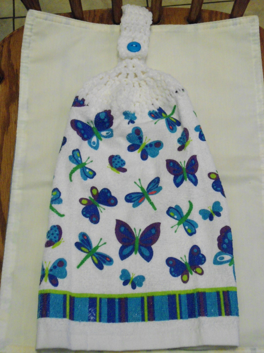 Blue & Purple Butterflies Crochet Top Kitchen or Bathroom Towel