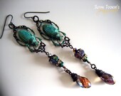 Egyptian Scarab Beetle Teal Earrings Turquoise Pink Crystal Beads Green Patina Verdigris Wire Wrapped Dangle KHEPRI by Spinning Castle