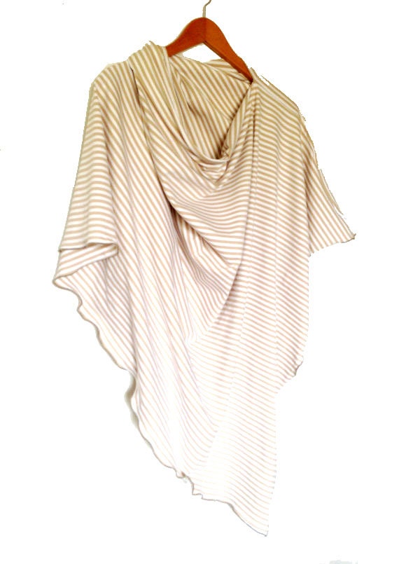 Khaki and White Striped Nursing Cover poncho Style for Breastfeeding in Public and Comes with Matching Drawstring Pouch