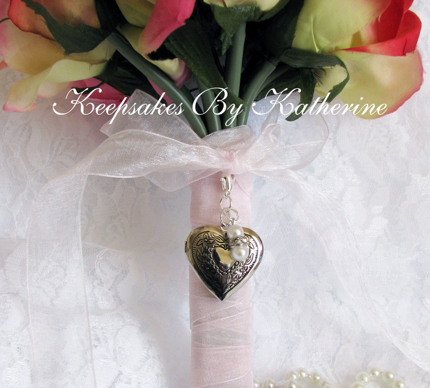 Large Heart Locket Bridal Bouquet Charm with Pearls and Crystals