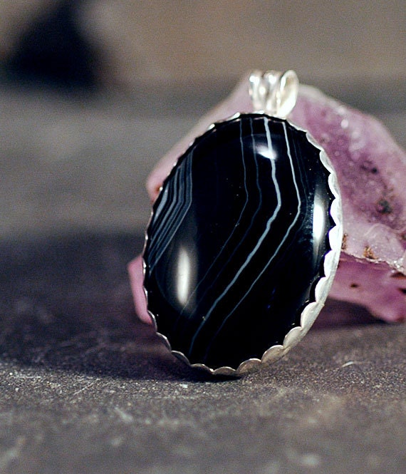 Black Lace Agate Pendant - 18 mm x 25 mm cabochon set in sterling silver