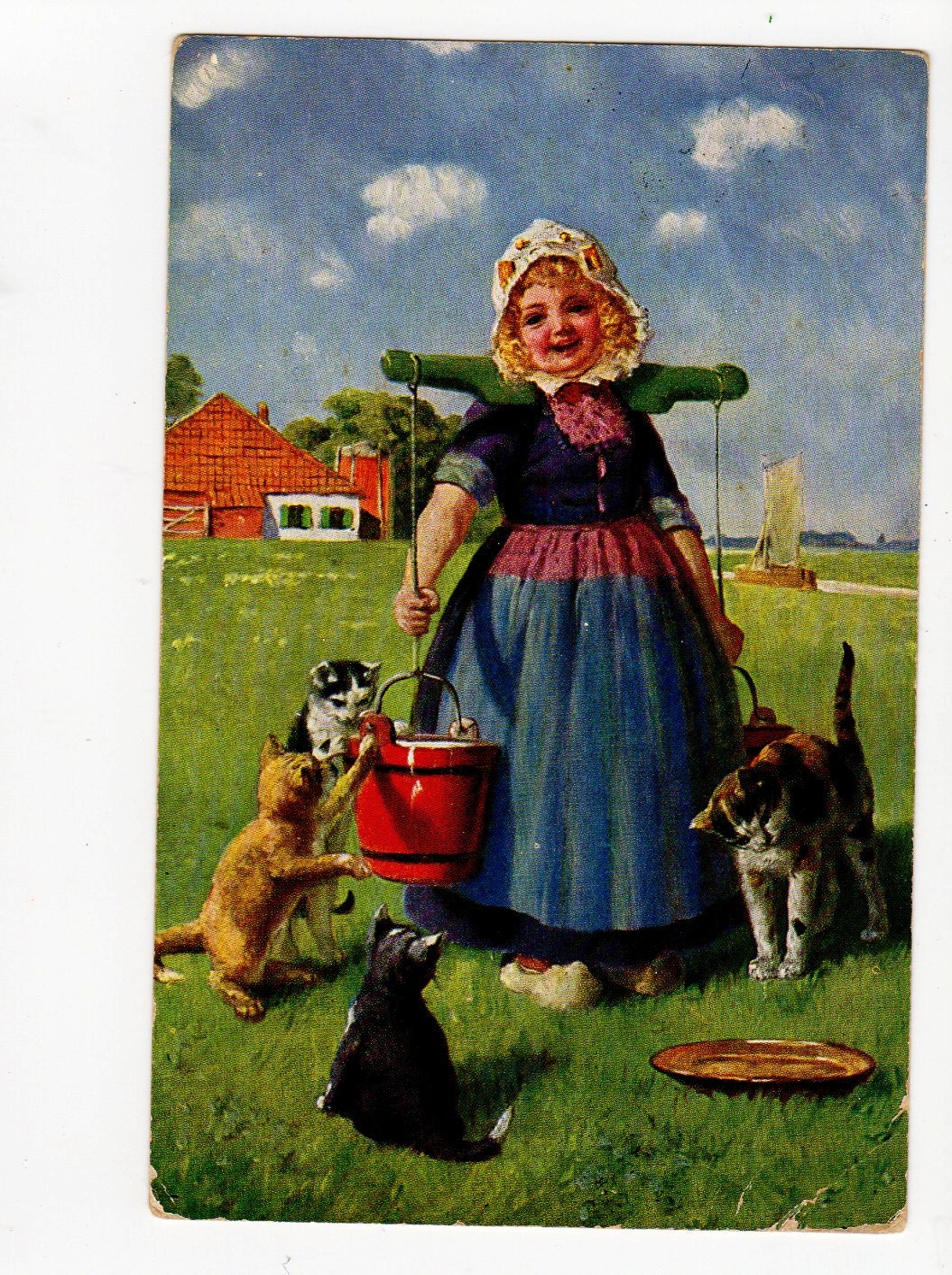 Dutch Girl and her Cats Nice vintage German vintage Postcard