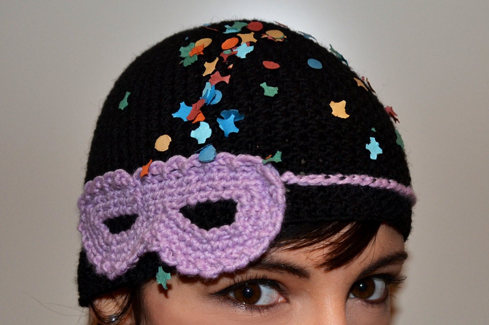 Mask, bow and confetti - Warm wool crochet knit hat, skullcap, beanie, headband, ears warmer - black and pink - Made to order