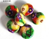Yellow and Purple Flower Beads Green Leaves Red Polymer Clay Handmade
