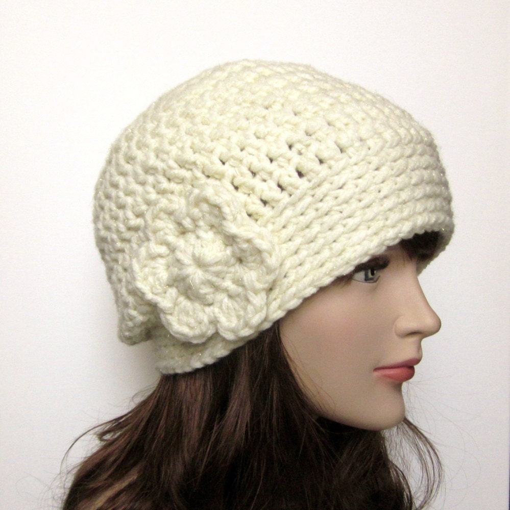 Cream Crochet Hat - Womens Beanie with Flower - Ladies Cap - Chunky Hat