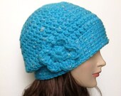 Turquoise Crochet Hat - Womens Beanie with Flower - Ladies Cap - Chunky Hat