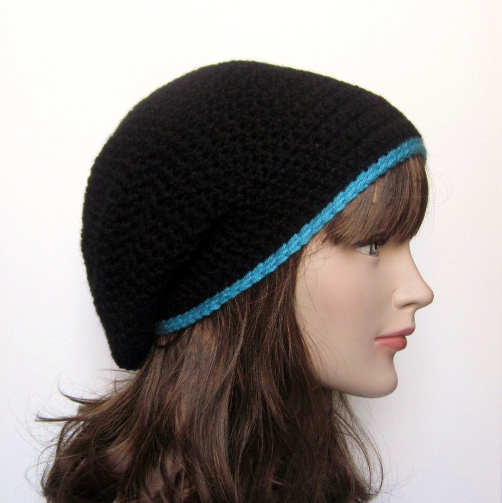 Black Slouch Beanie - Womens Slouchy Crochet Hat with Turquoise Trim - Hipster Hat - Spring Fashion Accessories
