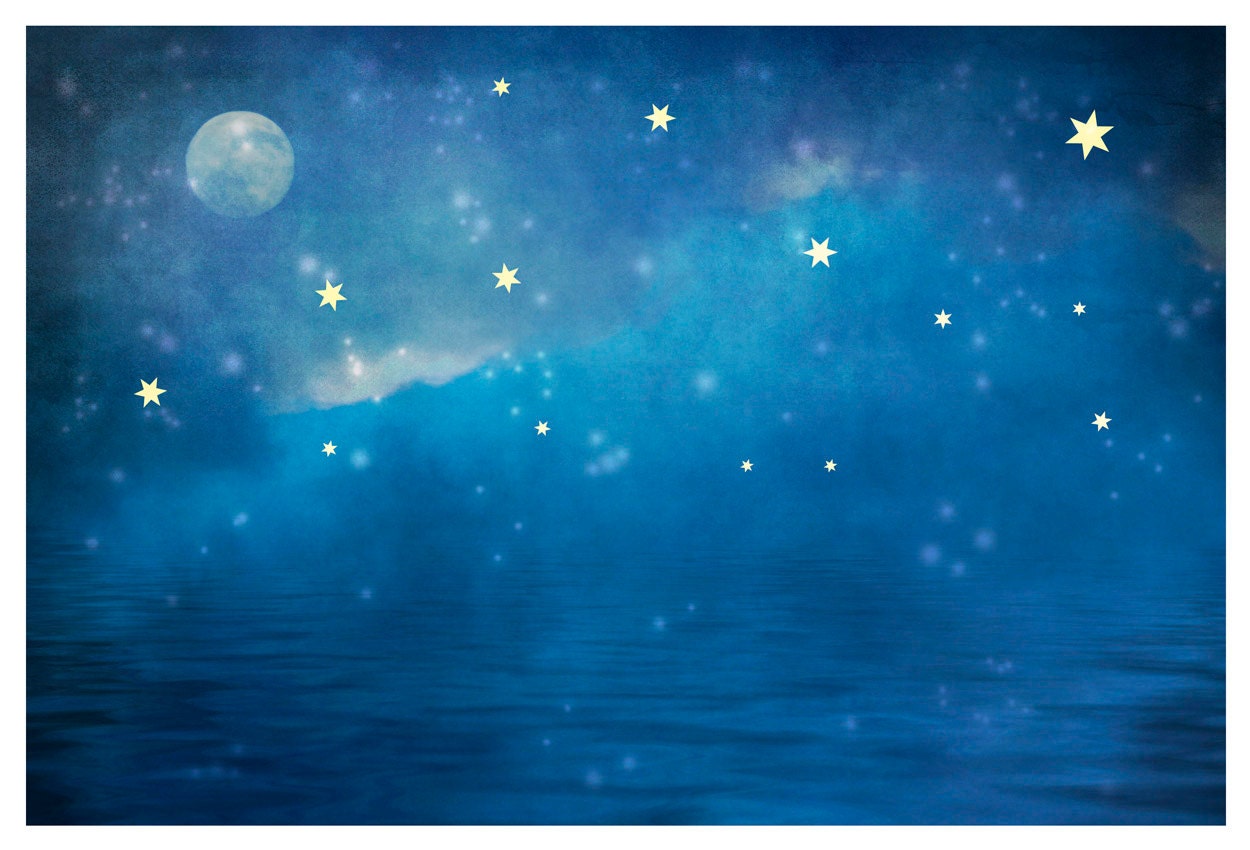 Ocean Photograph, deep blue, stars, full moon, Sea, Moon and Stars, narure fine art print 8x12
