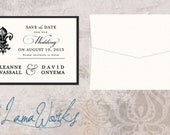 Fleur De Lis Wedding Save the Date Card - Vintage Style - Black and Blush Pink - Leanne and David