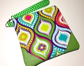 Wristlet Large Lime Leather with Multi Colored Print with Lime Leather