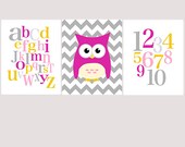 Owl,numbers and ABC nursery art - set of three - pink gray yellow - digital print - 8x10 on A4
