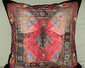 Designer Pillow Cover - "Butterfly red" Fiber Art - Ikat - suzani - Designer - Hand Made - Fits 18x18 Insert - original design