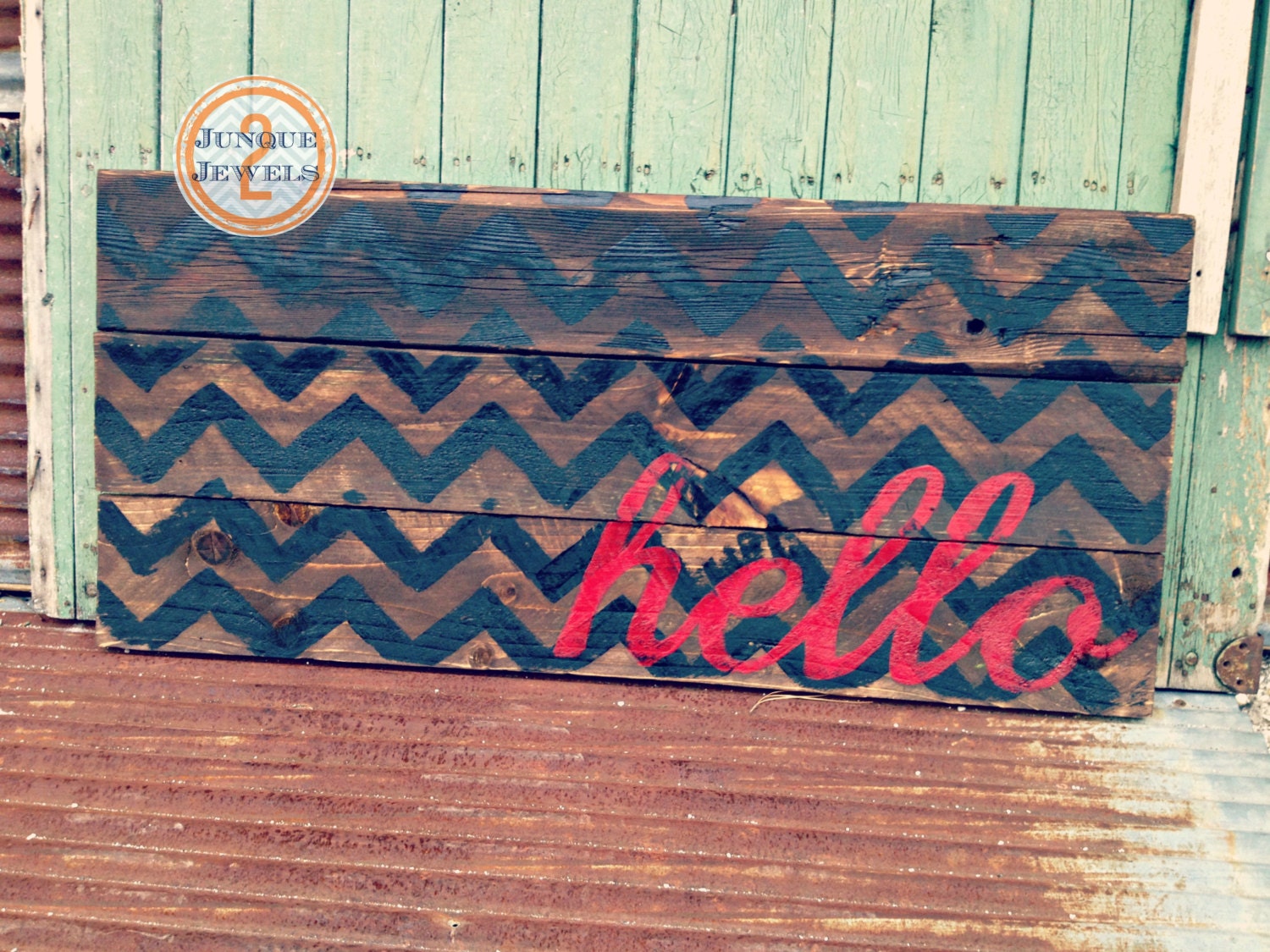 Hello, Chevron Reclaimed Wood Sign, Handpainted