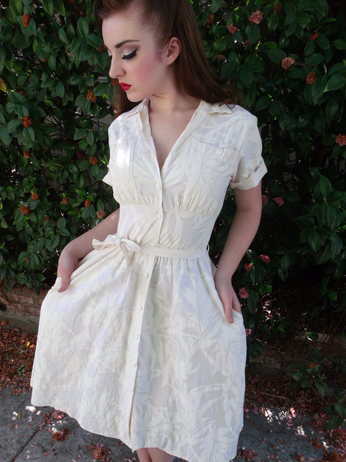 Vintage Cream Summer Cotton Day Dress. 80's Dress
