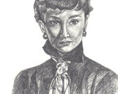 Audrey Hepburn graphite drawing on paper/ celebrity portrait/ black and white/ small/ fine art