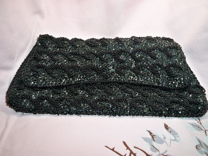 Vintage Black Beaded Evening Bag Purse Handbag Sequins