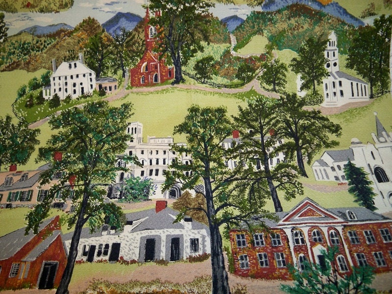 Vintage 1950s Folk Art Barkcloth Fabric Grandma Moses Williamstown