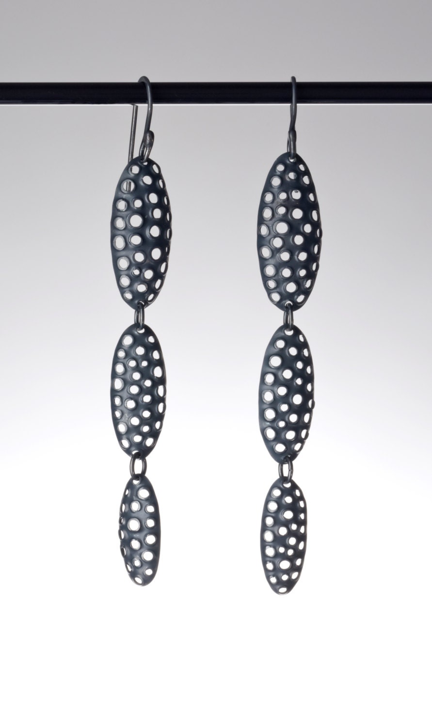 Hand Made, Solid Sterling Silver, Oval 3 Drop Punched Hole Earrings