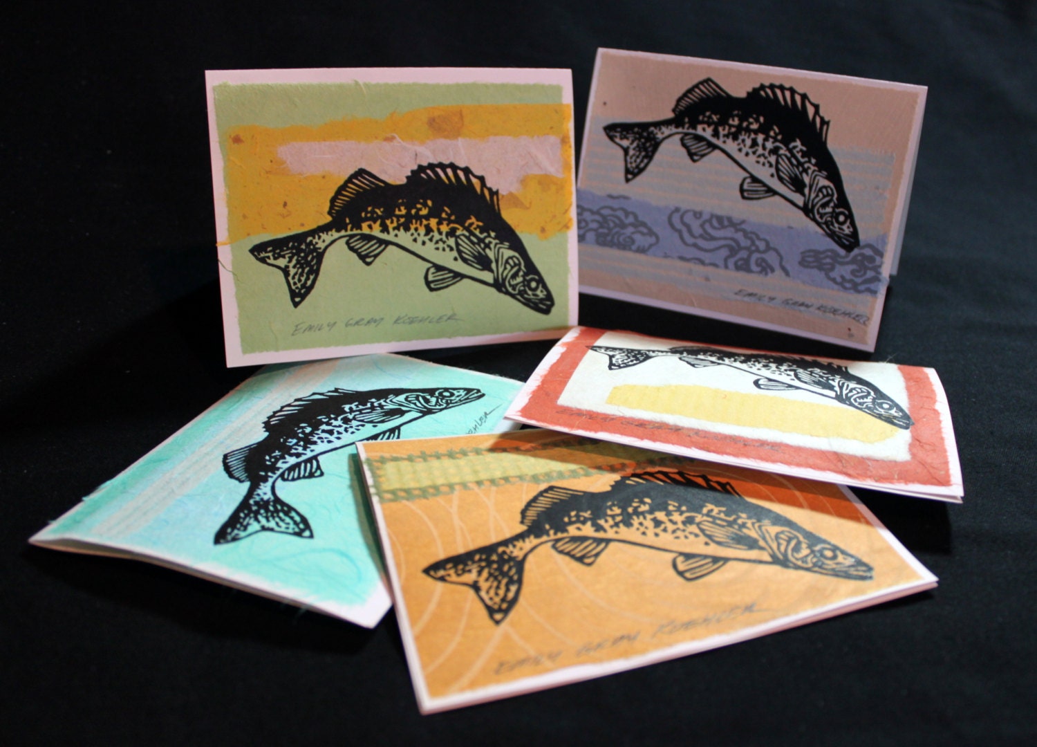 Walleye - Five Assorted Hand Collaged & Printed Cards - Blank Inside