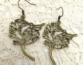 Guanare - long dangly antiqued brass tree charm EARRINGS bird branch leaf hippie boho bohemian summer spring nature woodland brown