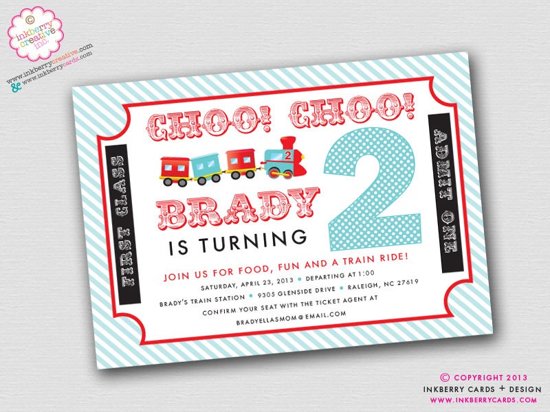 Choo Choo Train Ticket (Aqua and Red) Birthday Party Invitation (Digital File OR Cardstock Printed Cards Also Available) Il_170x135