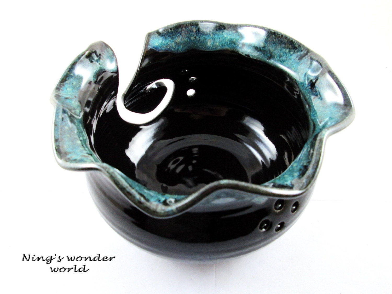 Pottery Yarn Bowl, large knitting bowl - New Color, black with teal rim ( IN Stock No.42)