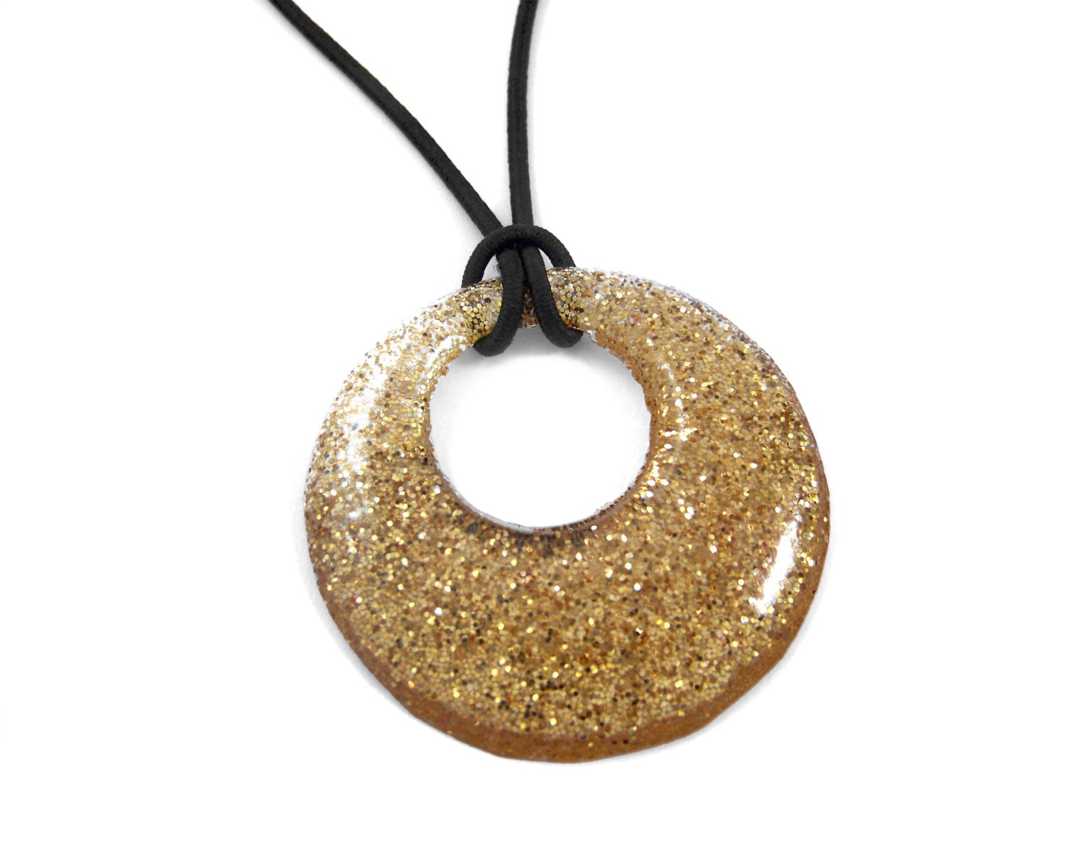Bright Yellow Gold Circle Pendant, Sparkling Glitter Necklace on Black Cord