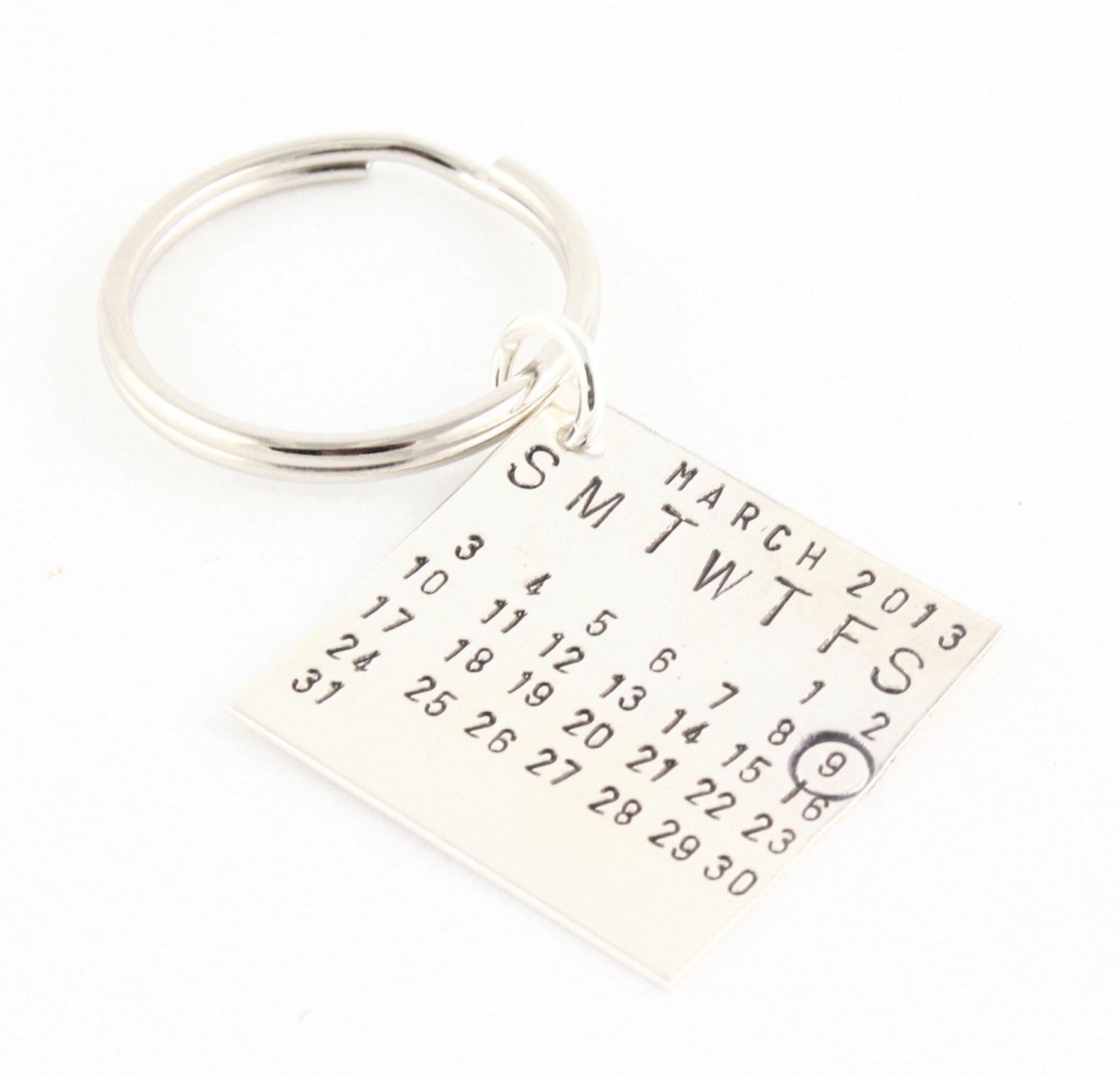 Save The Date Sterling Silver Keychain With Circled Date - Wedding Date Keychain - Personalized Hand Stamped Custom Key Ring