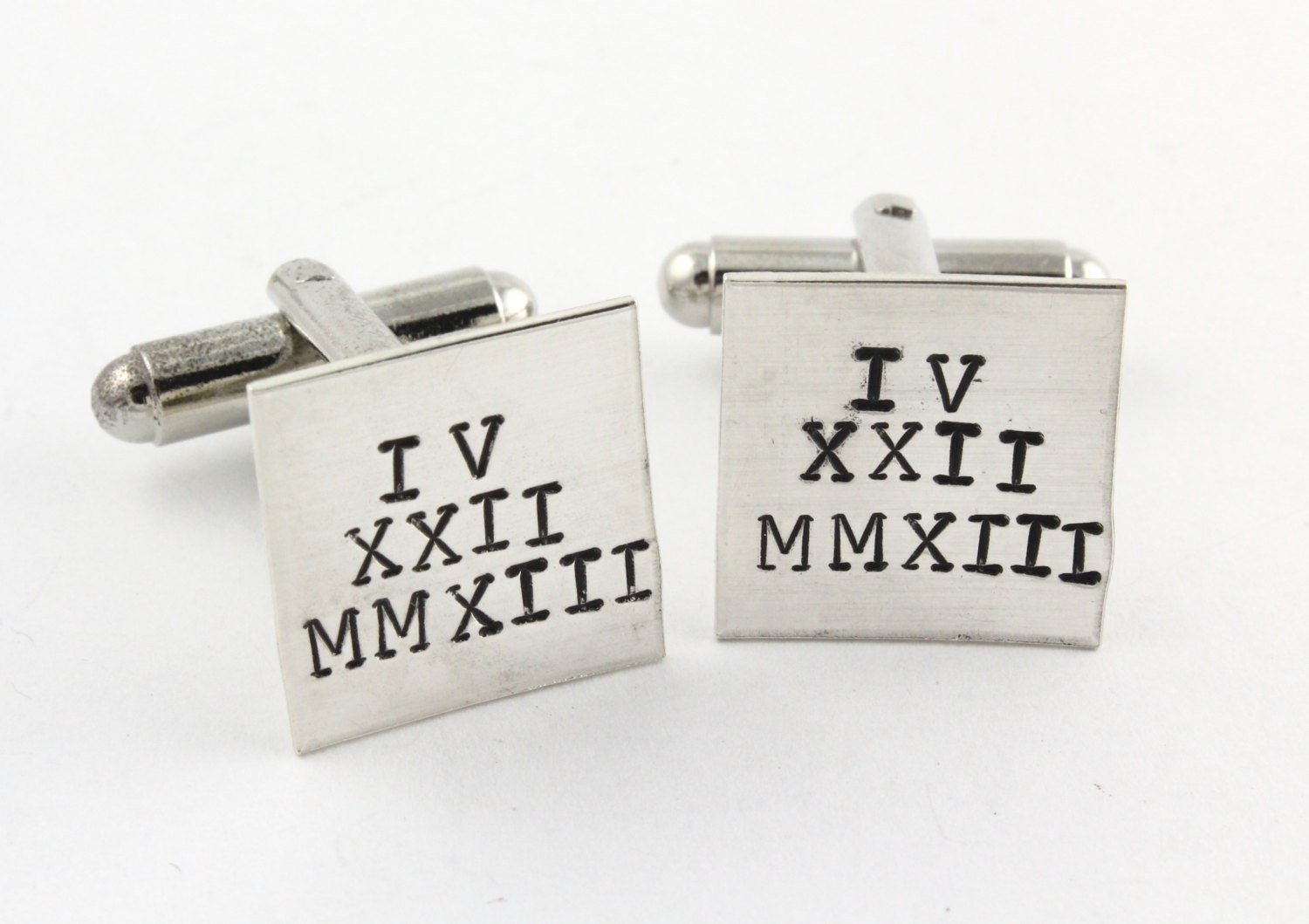 Roman Numerals Personalized Sterling Silver Square Cufflinks - Custom Hand Stamped Men's Cuff Links - Shirt Fasteners - Father's Day Gift