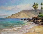 CHARLEY YOUNG BEACH Maui Original Palette Knife Oil Painting 11x14 Art Kamaole Hawaii Ocean Tourists Wedding Resort Snorkel Whales