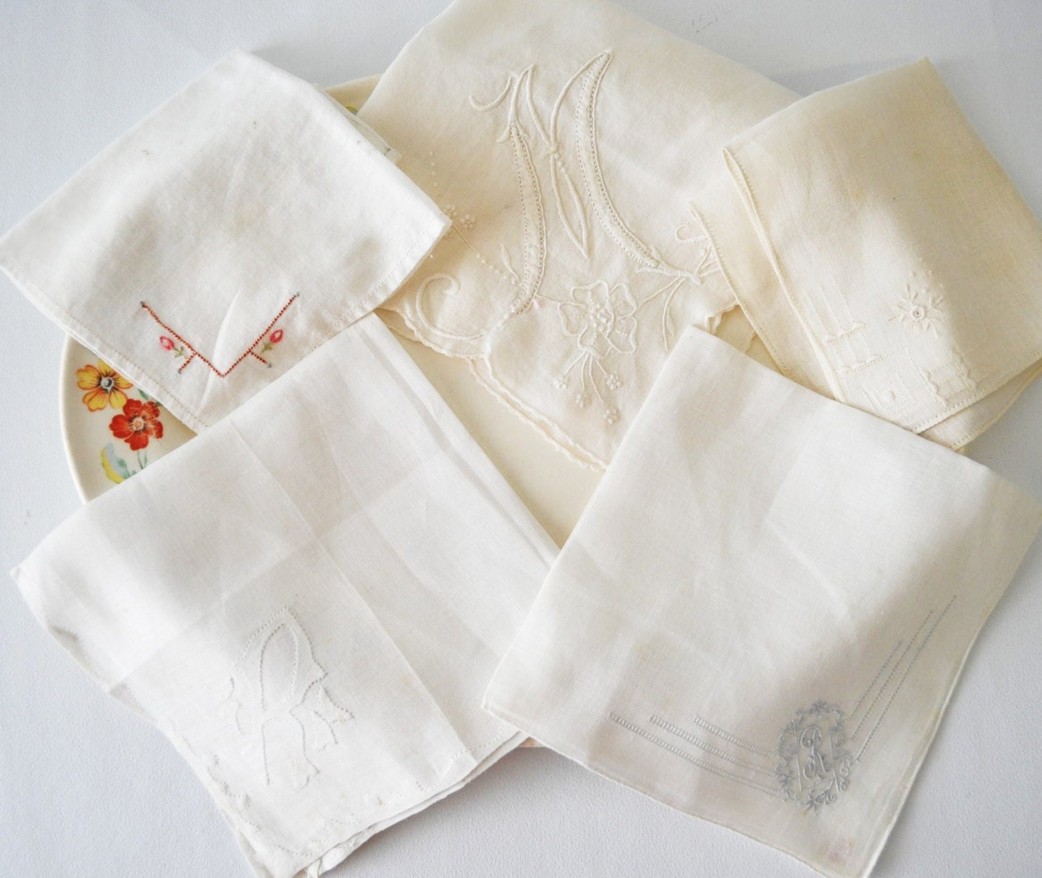 5 natural embroidered vintage handkerchiefs