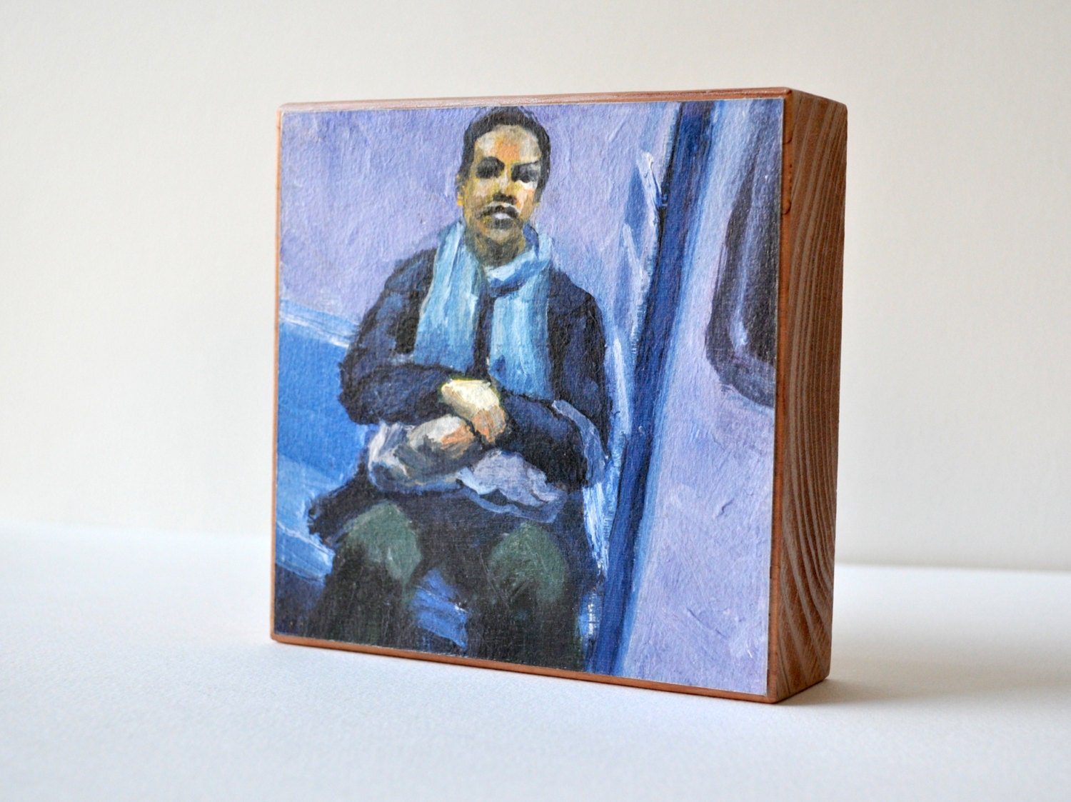 Art Oil Painting New York City Woman Subway Rider Mounted PRINT on Redwood Block