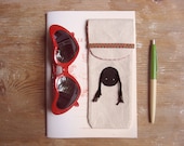 Eyeglass case. Pencil case. Black Circle.  Hand printed natural cotton canvas case with red gingham fabric and elastic band.