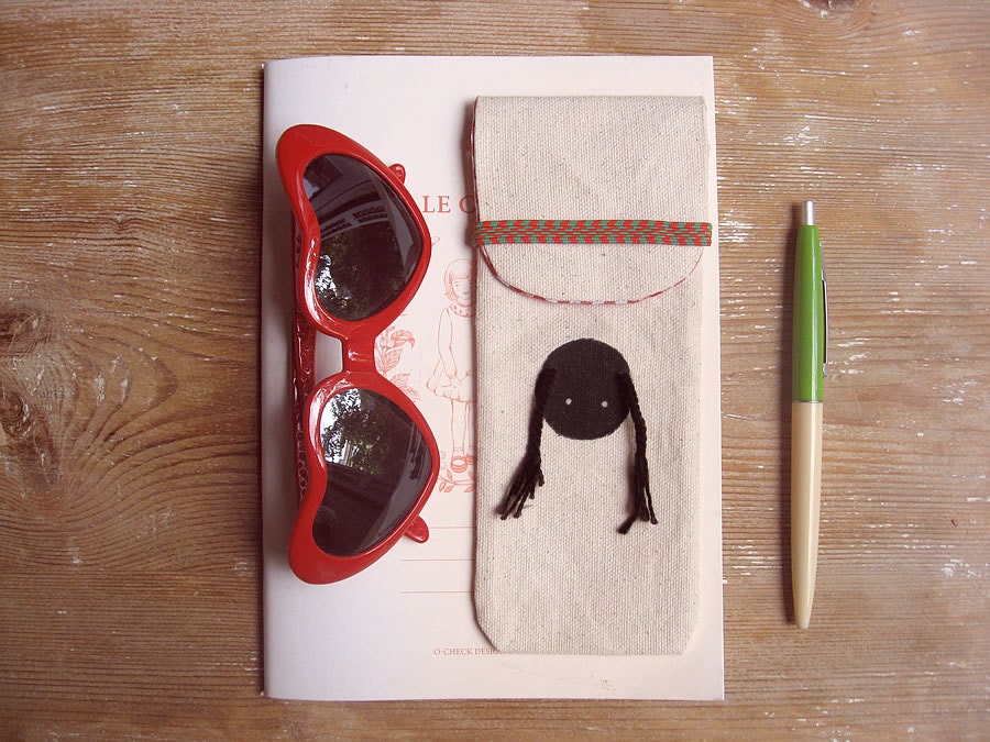 Eyeglass case. Pencil case. Black Circle. Hand printed cotton canvas case with red gingham fabric and elastic band.