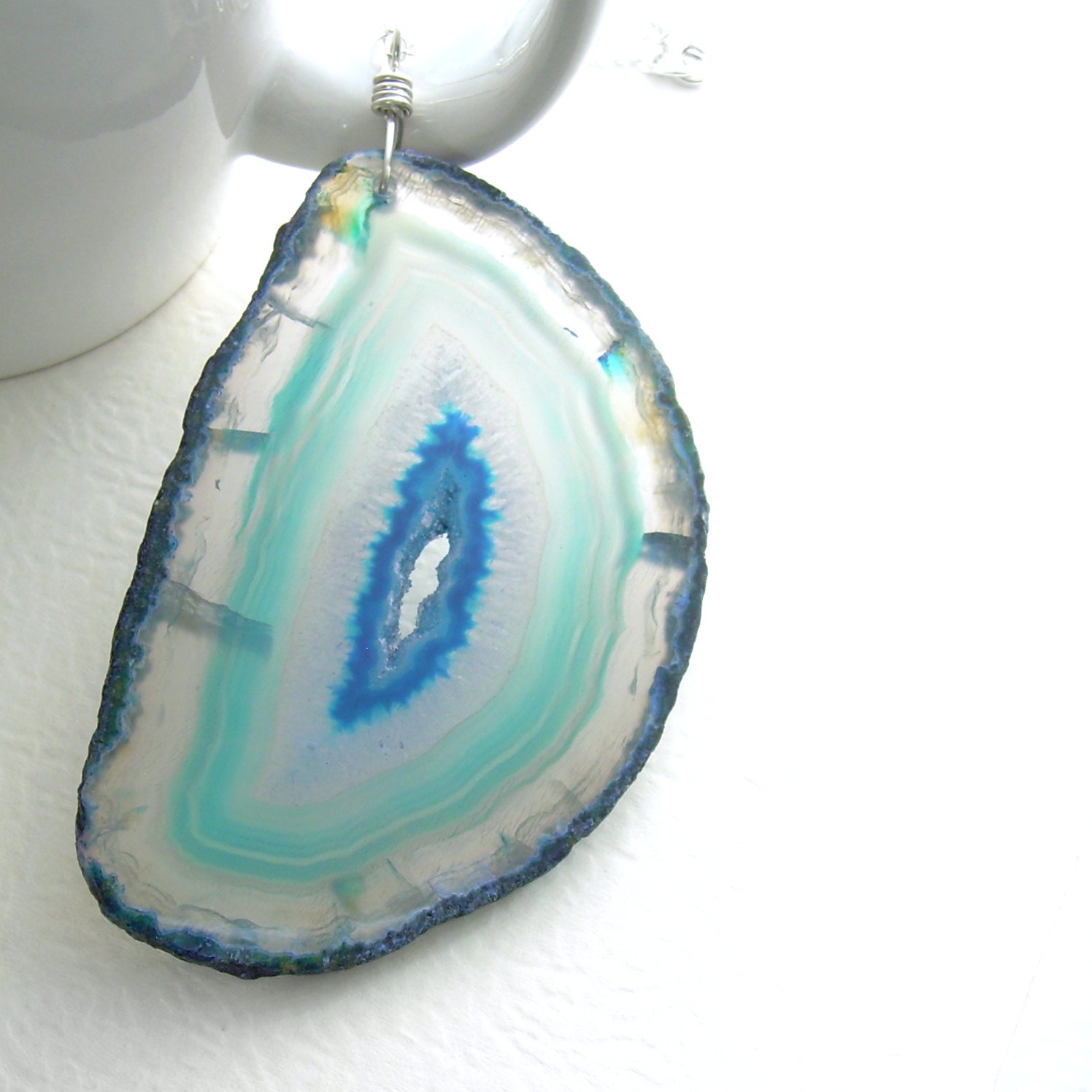 Large Blue Agate Slice Necklace, Druzy Geode Pendant, Peacock Blue Jewelry