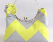 Clutch purse - metal frame and handle, citrus yellow and silver gray chevron