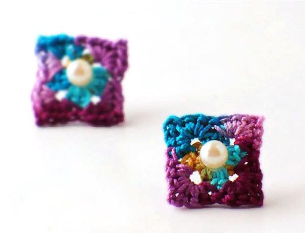 On Sale Marked Down 20% Crochet Earrings Granny Square Stud Earrings Hypoallergenic Dark Teal Berry Purple Orange Turquoise