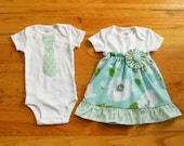 Brother Sister Matching Outfits - Girls Onesie Dress and Boys Tie Onesie or Tie Tshirt - Marilyn in Blue - Dolce Collection